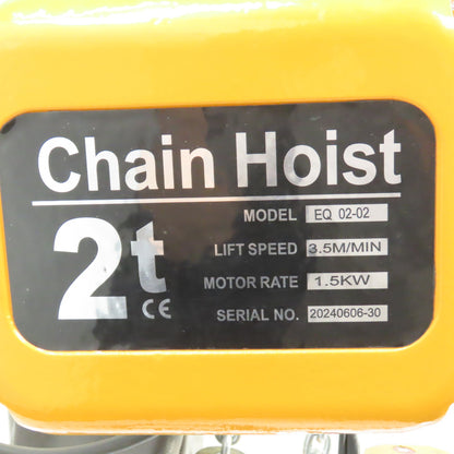 EQ 02-02 2 Ton 4000LB Electric Chain Hoist 1.5kW 460V 20' Lift (Rayvanbo Style)