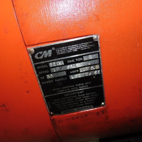 CM 5209H Lodestar XL 3 Ton Electric Hoist 20' Lift 460V 3Ph 15FPM