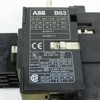 ABB B63 B63-30-22 85A 60HP 600VAC Max Power Contactor 115V Coil