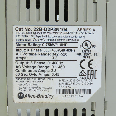 Allen Bradley 22B-D2P3N104 Ser A PowerFLex 40 0.75kW/1HP AC Drive 0-460V 3PH