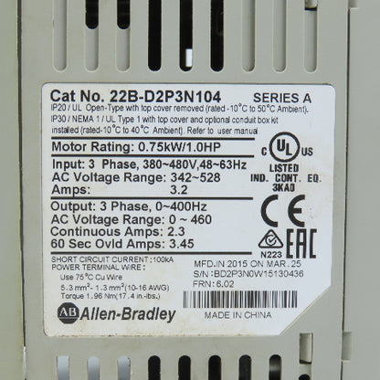 Allen Bradley 22B-D2P3N104 Ser A PowerFLex 40 0.75kW/1HP AC Drive 0-460V 3PH