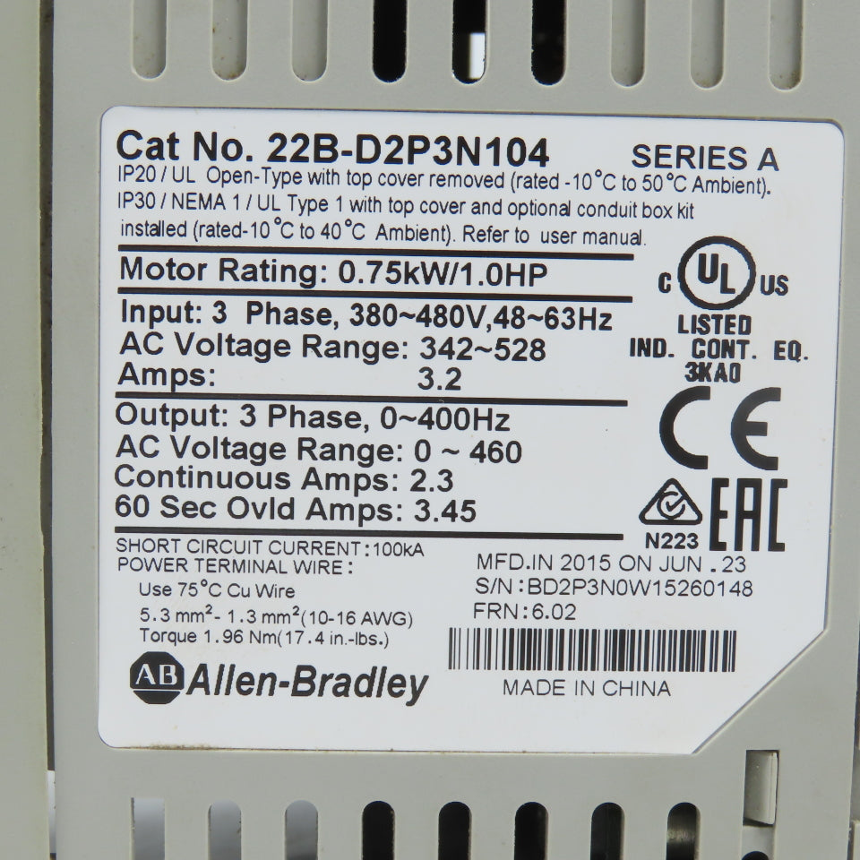 Allen Bradley 22B-D2P3N104 Ser A 0.75kW/1HP AC Drive 0-460V 3PH (Cracked Front)
