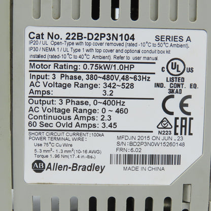 Allen Bradley 22B-D2P3N104 Ser A 0.75kW/1HP AC Drive 0-460V 3PH (Cracked Front)