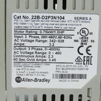 Allen Bradley 22B-D2P3N104 Ser A 0.75kW/1HP AC Drive 0-460V 3PH (Cracked Front)