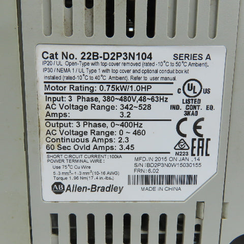 Allen Bradley 22B-D2P3N104 Ser A PowerFlex 0.75kW/1HP AC Drive 0-460V (No Fan)