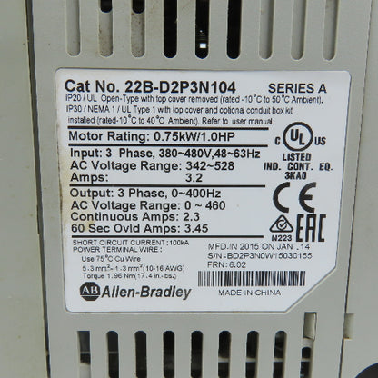 Allen Bradley 22B-D2P3N104 Ser A PowerFlex 0.75kW/1HP AC Drive 0-460V (No Fan)