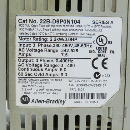 Allen Bradley 22B-D6P0N104 Ser A PowerFLex 40 2.2kW/3HP AC Drive 0-460V 3PH