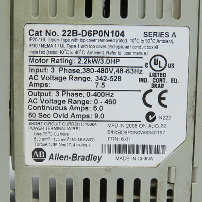 Allen Bradley 22B-D6P0N104 Ser A PowerFLex 40 2.2kW/3HP AC Drive 0-460V 3PH