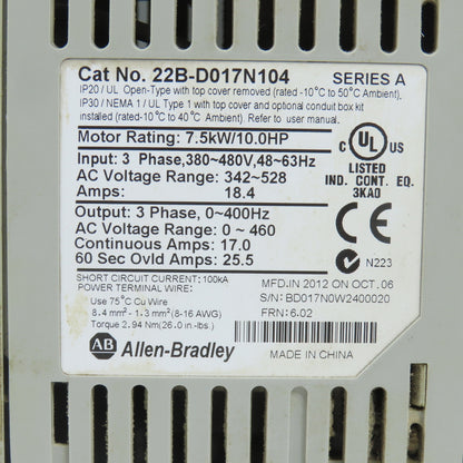 Allen Bradley 22B-D017N04 Ser A PowerFlex 40 7.5kW/10HP AC Drive 0-460V 3PH