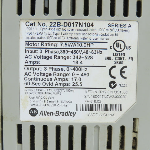 Allen Bradley 22B-D017N04 Ser A PowerFlex 40 7.5kW/10HP AC Drive 0-460V 3PH