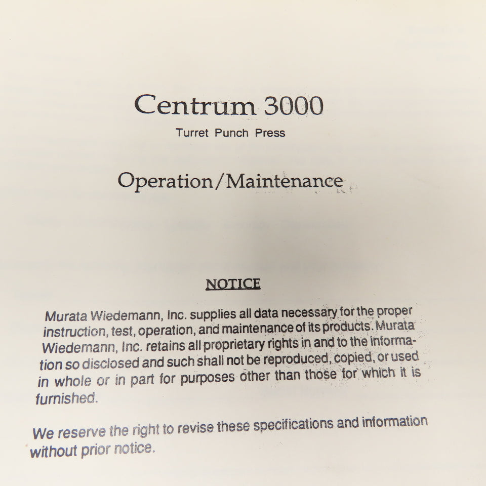 Murata Wiedemann Centrum 3000 Turret Punch Press Operation Maintenance Manual