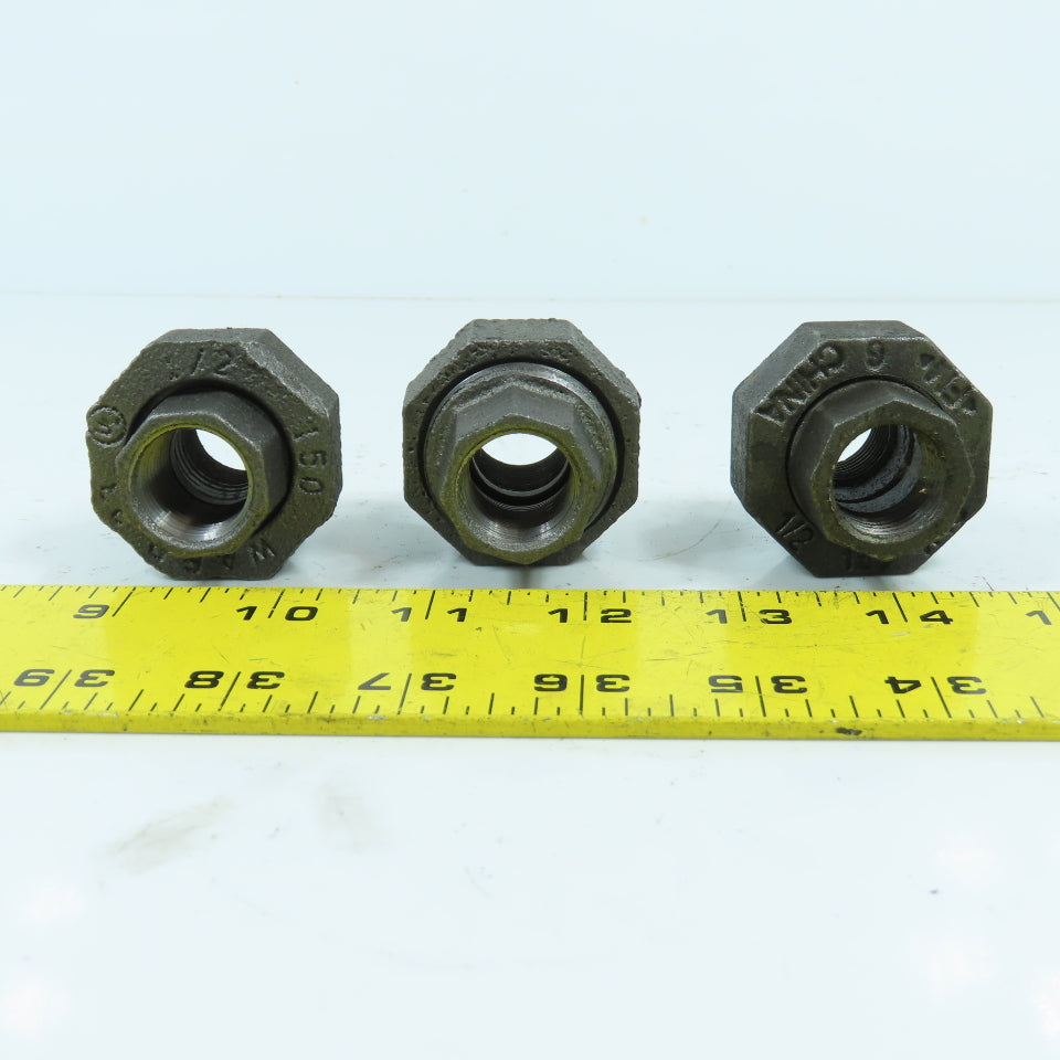Ward 1/2" x 1/2" NPT Black Pipe Malleable Iron Threaded Pipe Union Lot Of 3