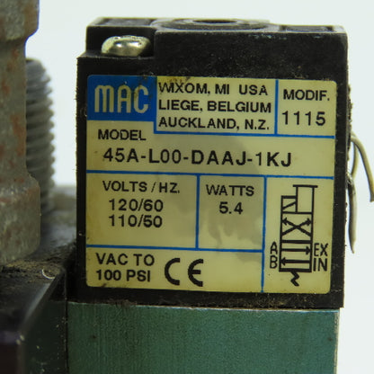 MAC 45A-L00-DAAJ-1KJ Pneumatic Solenoid Valve 120VAC W/ 4-Port Block