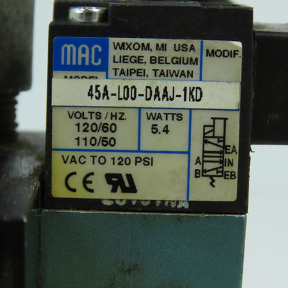 MAC 45A-L00-DAAJ-1KD Solenoid Valve 120VAC W/ 4-Port Block & Humphrey SQE-2