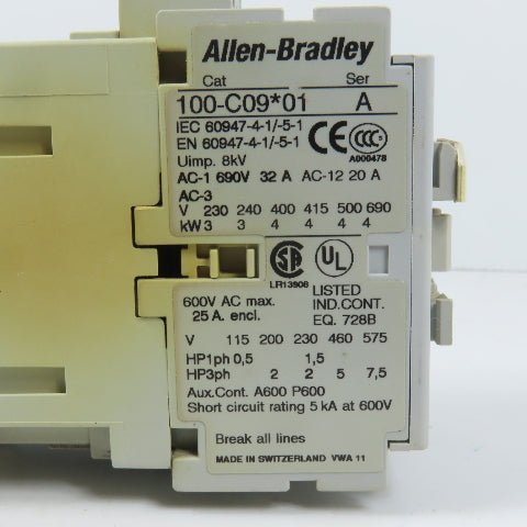 Allen Bradley 100-C09*01 9A 3-Pole 600V Power Contactor 120V Coil 5HP