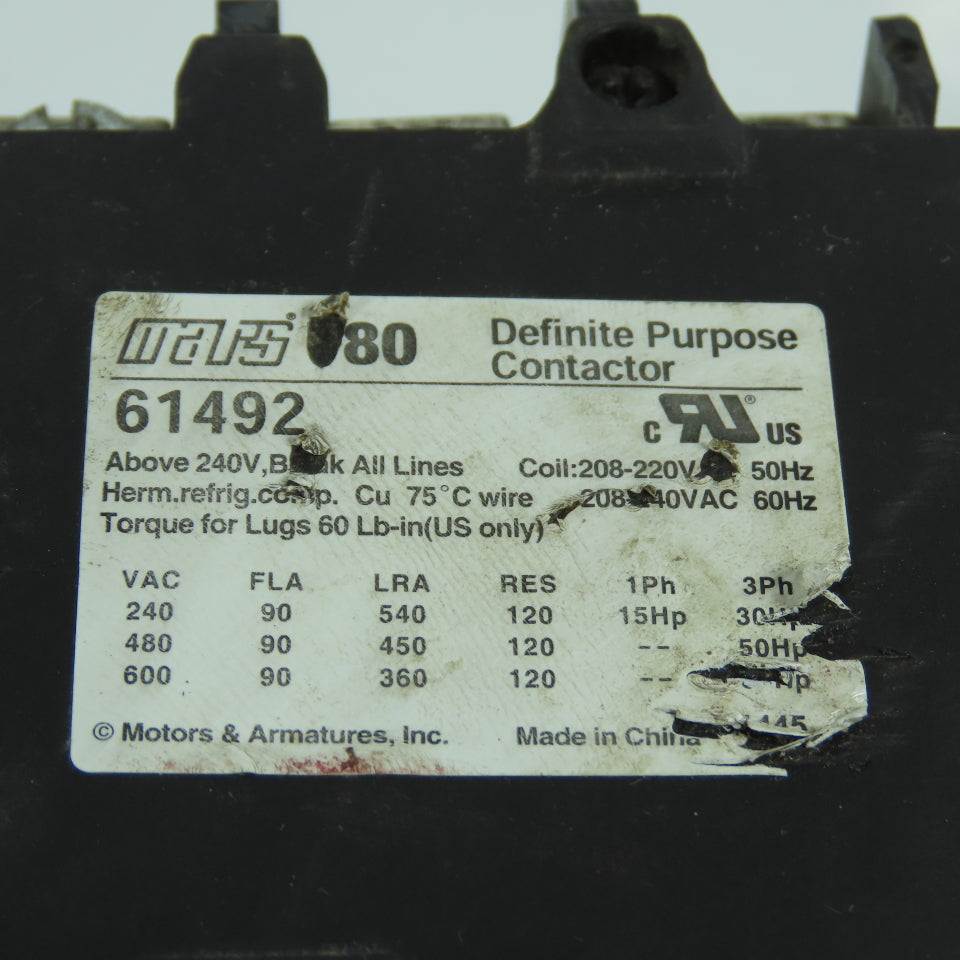 Mars 780 61492 90A 50HP 600VAC Definite Purpose Contactor 208-240V Coil