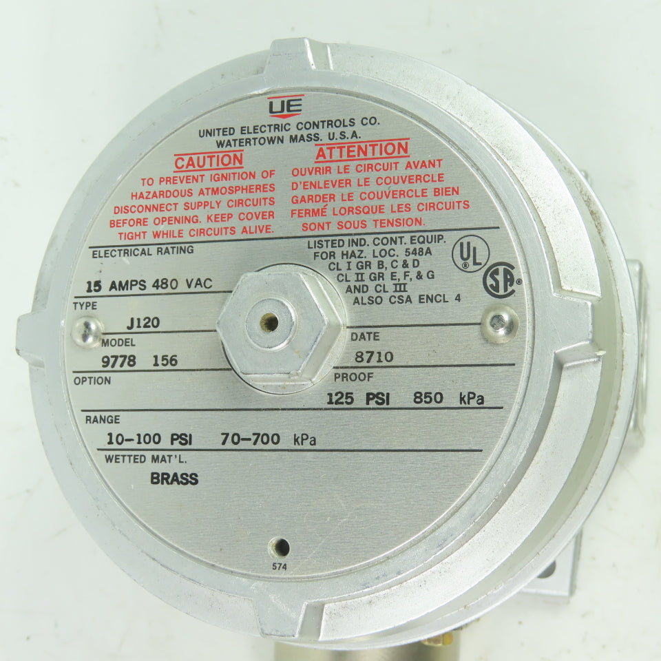 United Electric Controls J120 Model 9778 156 Pressure Switch 15A 480VAC 100PSI