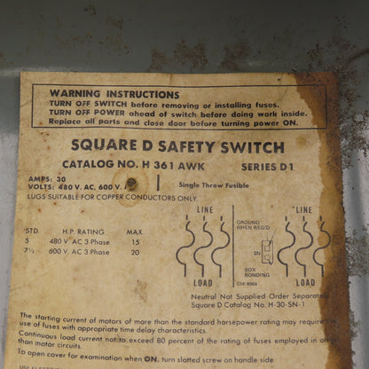 Square D H361AWK 30A 600VAC 3-Pole Fusible Safety Disconnect Switch