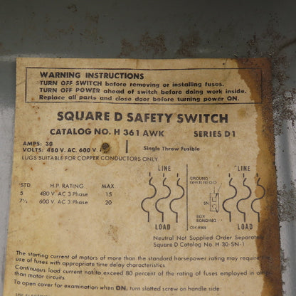 Square D H361AWK 30A 600VAC 3-Pole Fusible Safety Disconnect Switch