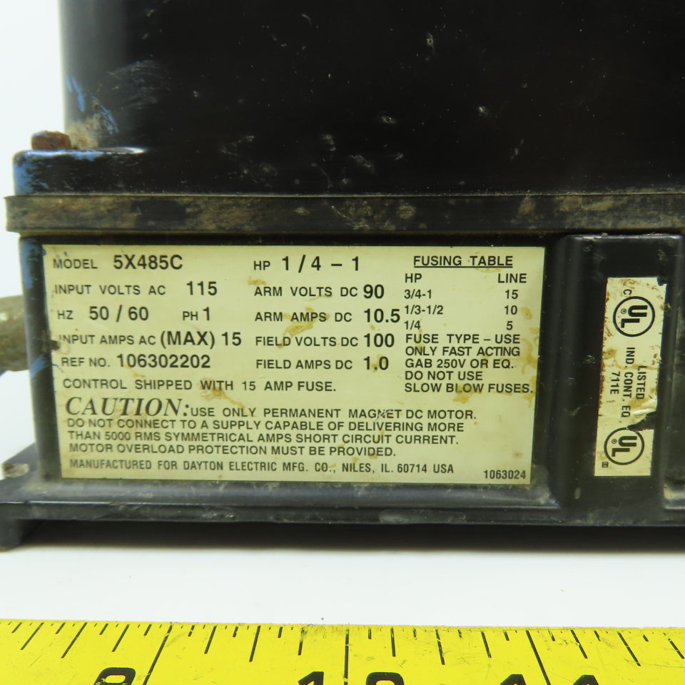 Dayton 5X485C DC Motor Speed Controller 115VAC 1PH Input 90VDC 1/4-1HP Out