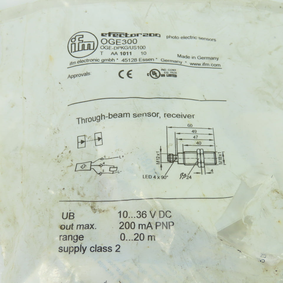IFM OGE300 Efector 200 Through-Beam Sensor Receiver 10-36VDC 200mA 0-200m Range