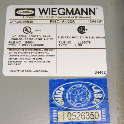 Wiegmann RHC161206 16" x 12" x 6" Wall Mount Electrical Enclosure (No Backplate)