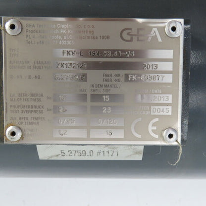 GEA Technika FKV-L 194.38.41-W4 Shell & Tube Heat Exchanger 16/23 Bar 120-¦C