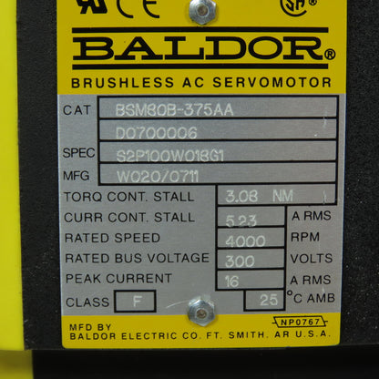 Baldor BSM80B-375AA Brushless AC Servo Motor 4000RPM 300V 16A RMS 3.08NM Torq