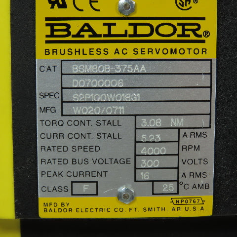 Baldor BSM80B-375AA Brushless AC Servo Motor 4000RPM 300V 16A RMS 3.08NM Torq
