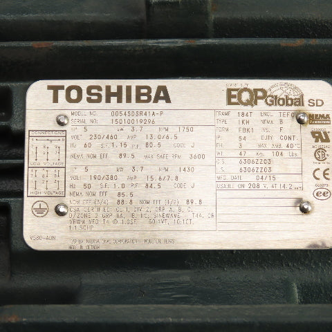 Toshiba 0054SDSR41A-P 5HP Severe Duty Electric Motor 1750RPM 230/460V 3PH 184T