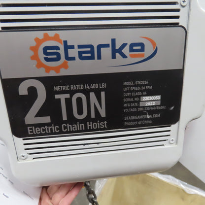 Starke STK2026 2 Ton Electric Chain Hoist 20' Lift 26FPM 230/460V 3Ph