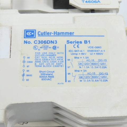 Cutler Hammer CE15BN4 10A 600V 5HP Power Contactor 120V Coil W/ C306DN3 Overload