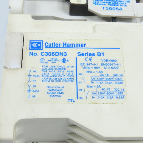 Cutler Hammer AE16CNS0 12A 600V 7.5HP Power Contactor 120V Coil C306DN3 Overload