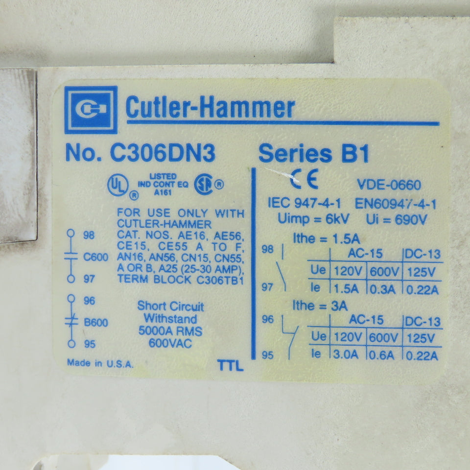 Cutler Hammer AE16BNS0 10A 600V 5HP Power Contactor 120V Coil C306DN3 Overload