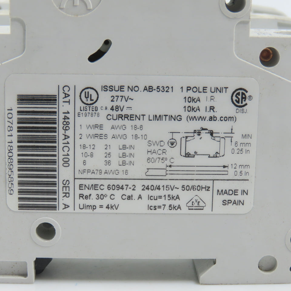 Allen Bradley 1489-A1C100 Ser A 10A Single 1 Pole Circuit Breaker Lot Of 3