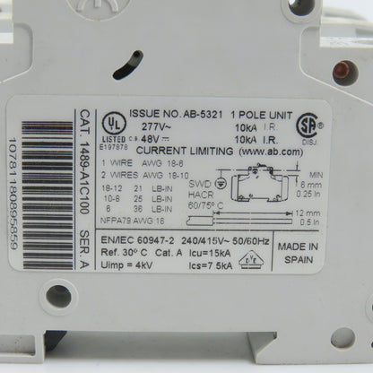 Allen Bradley 1489-A1C100 Ser A 10A Single 1 Pole Circuit Breaker Lot Of 3