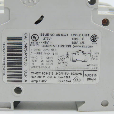 Allen Bradley 1489-A1C100 Ser A 10A Single 1 Pole Circuit Breaker Lot Of 3