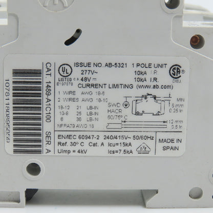 Allen Bradley 1489-A1C100 Ser A 10A Single 1 Pole Circuit Breaker Lot Of 3