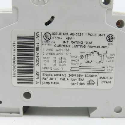 Allen Bradley 1489-A1C020 Ser A 2A Single 1 Pole Circuit Breaker Lot Of 4