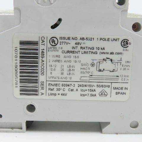 Allen Bradley 1489-A1C020 Ser A 2A Single 1 Pole Circuit Breaker Lot Of 4