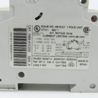 Allen Bradley 1489-A1C020 Ser A 2A Single 1 Pole Circuit Breaker Lot Of 4