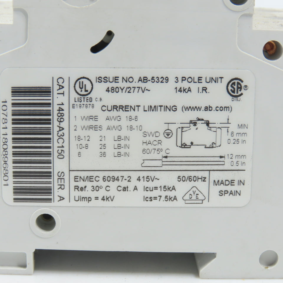 Allen Bradley 1489-A3C150 Ser A 15A Three 3 Pole Circuit Breaker 480/277V
