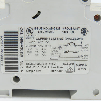 Allen Bradley 1489-A3C150 Ser A 15A Three 3 Pole Circuit Breaker 480/277V