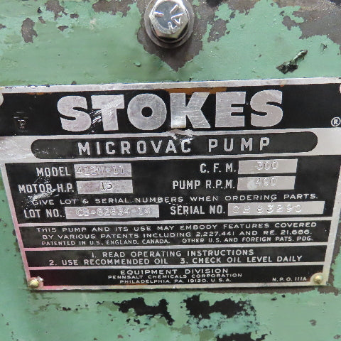 Stokes 412H-11 Microvac Water Cooled Piston Vacuum Pump 300CFM 10Hp 230/460V