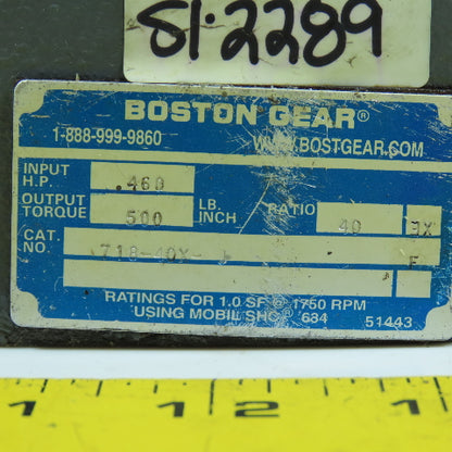 Boston 718-40X-J 100 Series Right Angle 40:1 Ratio Gear Reducer 0.460HP 43.75RPM