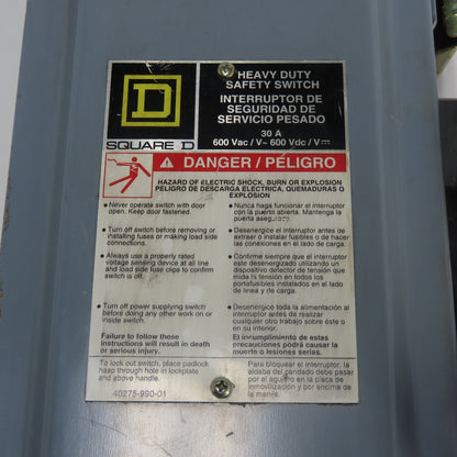 Square D H361AWKEI 30A 600V AC/DC 3 Pole Fusible Safety Disconnect Switch