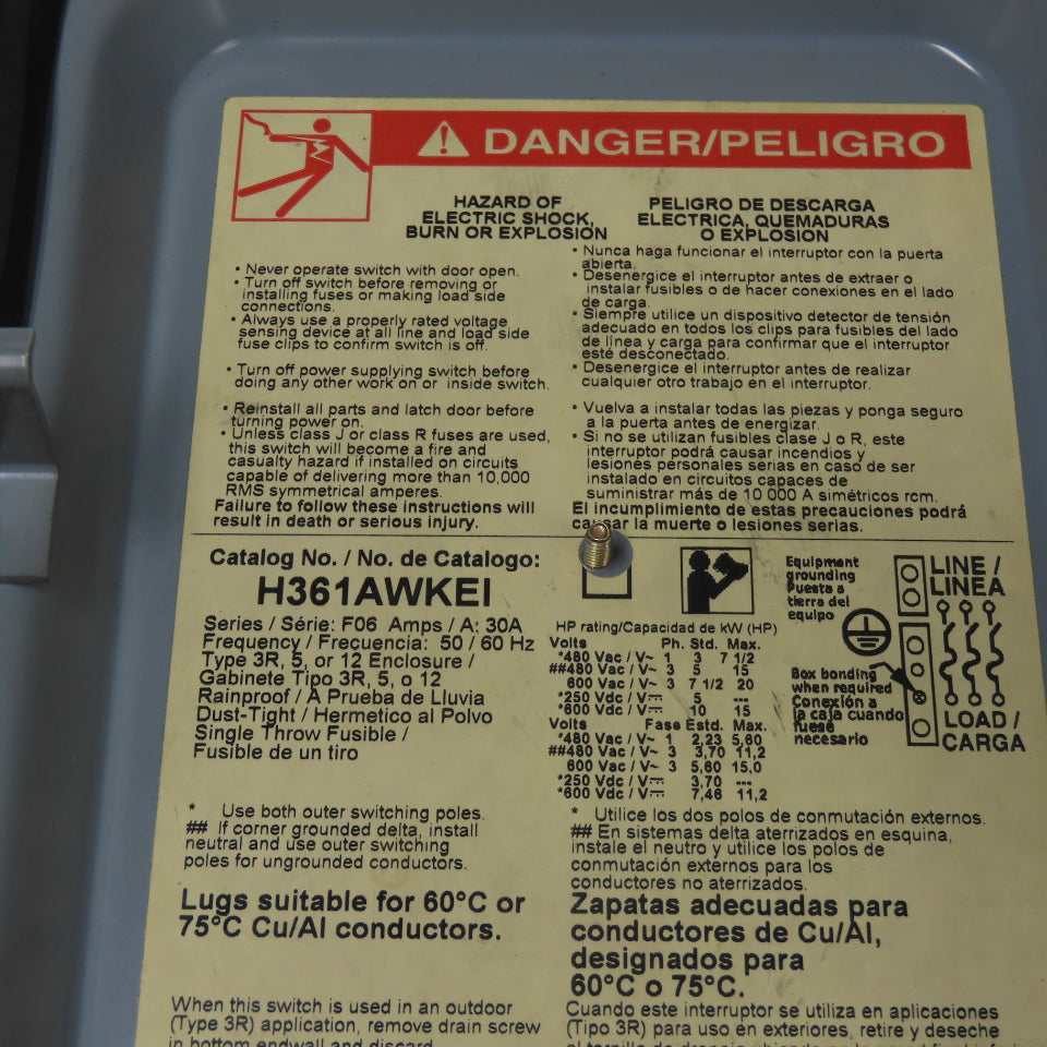 Square D H361AWKEI 30A 600V AC/DC 3 Pole Fusible Safety Disconnect Switch