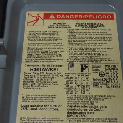 Square D H361AWKEI 30A 600V AC/DC 3 Pole Fusible Safety Disconnect Switch