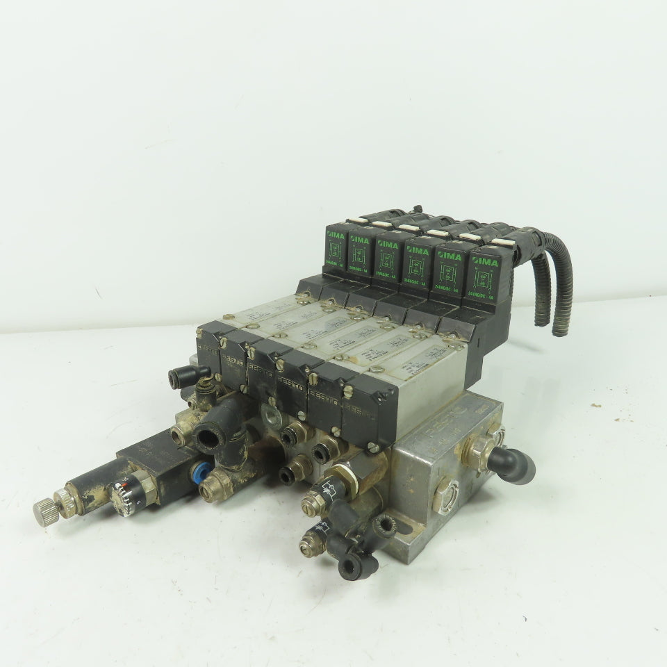 Festo MEH-5/2-5,0-B 6 Solenoid Valve 24VDC Coil 36-116PSI 1/8" NPT W/ Manifold