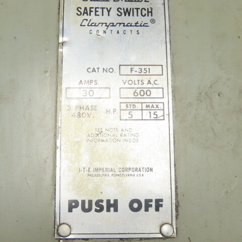 ITE F-351 30A Fusible Safety Disconnect Switch 600VAC 3-Pole